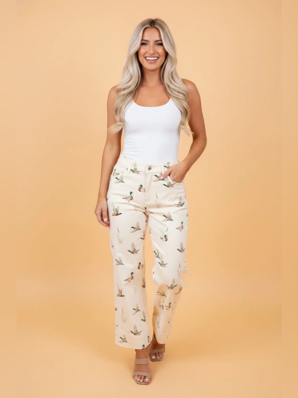NWT SOLD OUT Viral Western Style Mallard Duck Print Cuffed Hem Jeans Pants - Picture 4 of 10